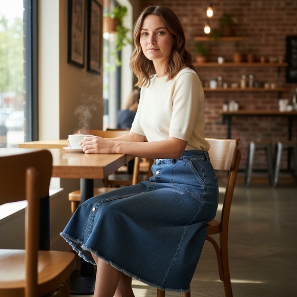 Allegra K Blue Denim A-Line Midi Button Down Skirt - Picture 3 of 10